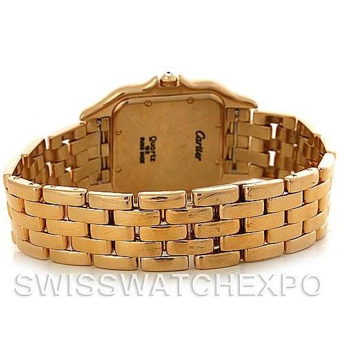 The image shows the back view of the Cartier Panthere Yellow Gold Silver Dial Yellow Gold Silver Dial model, highlighting its gold bracelet and case back.