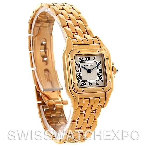 The image shows a Cartier Panthere W25022B9 Women's Yellow Gold Silver Dial W25022B9 Women's Yellow Gold Silver Dial model watch at an angle highlighting its gold bracelet and square face with Roman numerals.