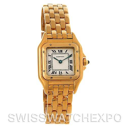 The image shows a front view of a Panthere model by Cartier, featuring the watch face, bezel, and bracelet.