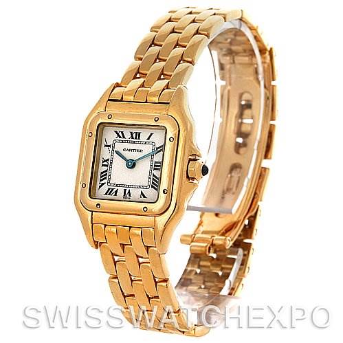 The image shows a Cartier Panthere W25022B9 Women's Yellow Gold Silver Dial W25022B9 Women's Yellow Gold Silver Dial watch from an angled view, showcasing the face, bezel, bracelet, and clasp.