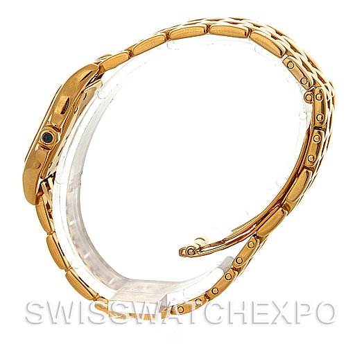 This image shows a side profile of a Cartier Panthere W25022B9 Women's Yellow Gold Silver Dial W25022B9 Women's Yellow Gold Silver Dial watch, highlighting the gold bracelet and case.