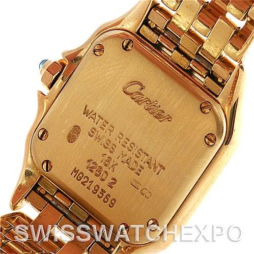 This image shows the back of a Cartier Panthere W25022B9 Women's Yellow Gold Silver Dial W25022B9 Women's Yellow Gold Silver Dial watch, highlighting the case back and bracelet detailing.