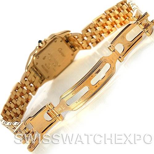 The image shows the back and clasp mechanism of a Cartier Panthere W25022B9 Women's Yellow Gold Silver Dial W25022B9 Women's Yellow Gold Silver Dial model watch, highlighting its gold bracelet and detailed links.