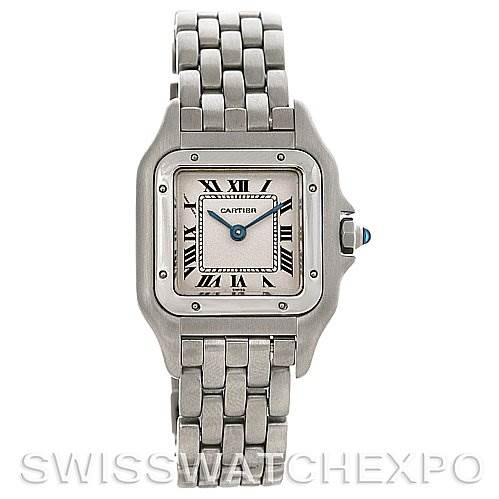 This image shows a front view of the Cartier Panthere Women
s Stainless Steel Silver Dial Women
s Stainless Steel Silver Dial watch, highlighting the face, bezel, crown, and part of the bracelet.