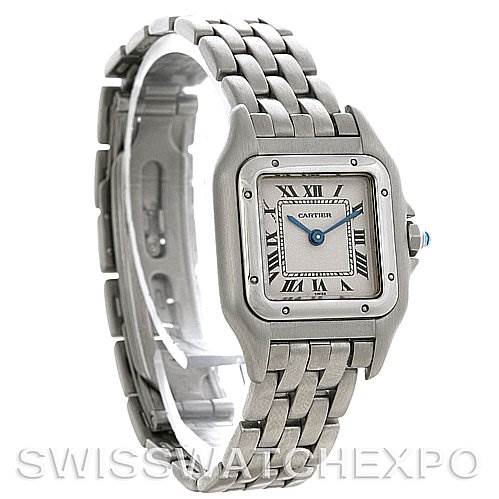 This image shows a Cartier Panthere Women
s Stainless Steel Silver Dial Women
s Stainless Steel Silver Dial model watch from an angled front-left view, displaying the face, bracelet, and crown.