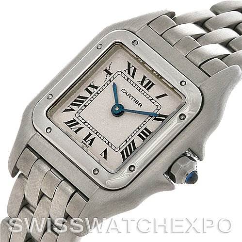 The image shows a Cartier Panthere Women
s Stainless Steel Silver Dial Women
s Stainless Steel Silver Dial watch at an angled view, highlighting the face, Roman numerals, blue hands, crown, and bracelet.