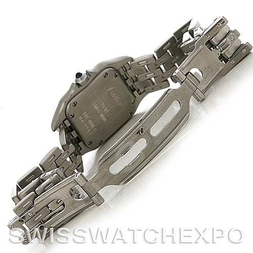 The image shows the backside and clasp of a Panthère de Cartier watch, displaying the details of the bracelet and clasp mechanism.