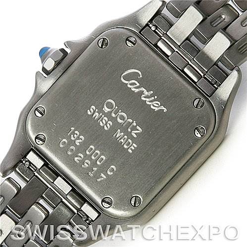 The image shows the back casing and part of the bracelet of a Cartier Panthere Women
s Stainless Steel Silver Dial Women
s Stainless Steel Silver Dial model watch.