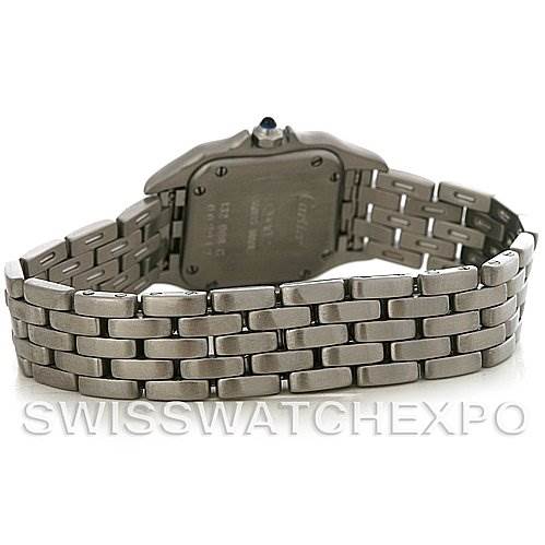 This image shows the back view of a Panthere model Cartier watch, highlighting its bracelet and case back.