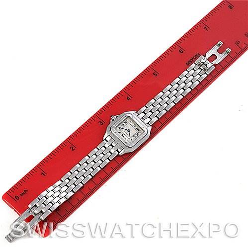 The image shows a Cartier Panthere Women
s Stainless Steel Silver Dial Women
s Stainless Steel Silver Dial watch laid flat with a red ruler for scale, displaying the face, bezel, and entire bracelet.