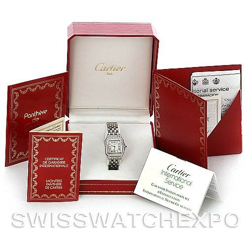 The image shows a Cartier Panthère watch with its box, warranty cards, and international service booklet.