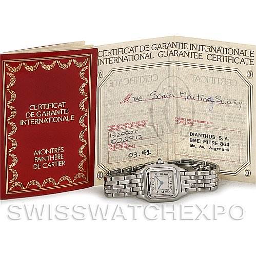 The image shows a Cartier Panthere Women
s Stainless Steel Silver Dial Women
s Stainless Steel Silver Dial watch along with its red warranty booklet and international guarantee certificate.