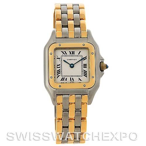 This image shows a frontal view of the dial and bracelet of a Cartier Panthere W25029B6 Women
s Stainless Steel Silver Dial W25029B6 Women
s Stainless Steel Silver Dial watch.