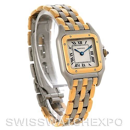 The image shows a Cartier Panthere W25029B6 Women
s Stainless Steel Silver Dial W25029B6 Women
s Stainless Steel Silver Dial watch from an angled top view, highlighting its two-tone bracelet and square face with Roman numerals.