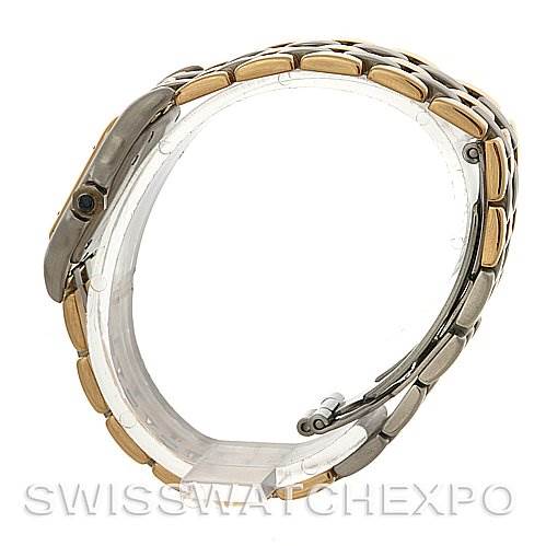 This image shows a side view of the Cartier Panthere W25029B6 Women
s Stainless Steel Silver Dial W25029B6 Women
s Stainless Steel Silver Dial watch, highlighting its two-tone bracelet and case.