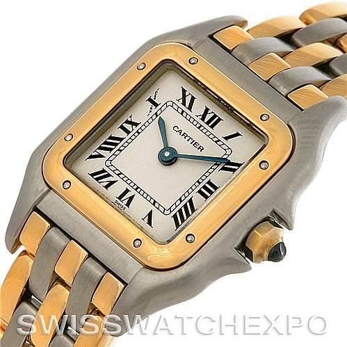 The image shows a close-up of the Cartier Panthere W25029B6 Women
s Stainless Steel Silver Dial W25029B6 Women
s Stainless Steel Silver Dial watch, focusing on the dial, bezel, and part of the two-tone bracelet.