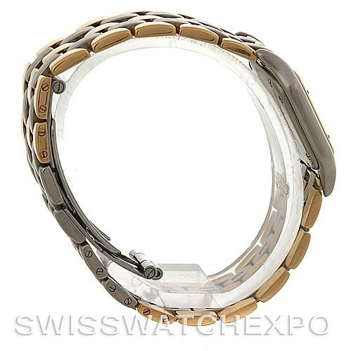 A side view of the Cartier Panthere W25029B6 Women
s Stainless Steel Silver Dial W25029B6 Women
s Stainless Steel Silver Dial model showing its dual-tone bracelet and clasp.