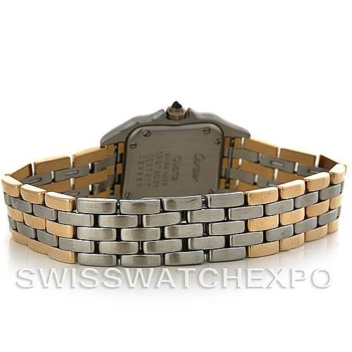This image shows the back view of a Cartier Panthere W25029B6 Women
s Stainless Steel Silver Dial W25029B6 Women
s Stainless Steel Silver Dial model watch, focusing on its two-tone bracelet and case back.