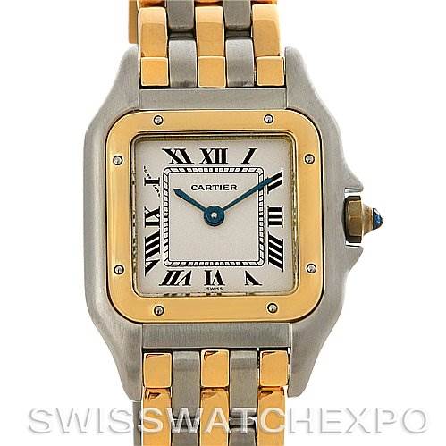 The image shows a front view of a Cartier Panthère watch, displaying the face, bezel, and part of the bracelet.