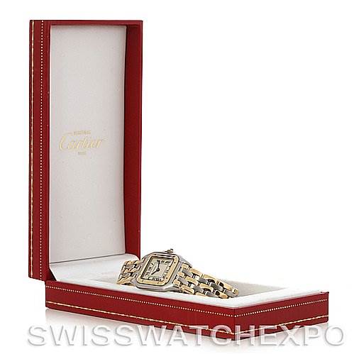 The Cartier Panthere W25029B6 Women
s Stainless Steel Silver Dial W25029B6 Women
s Stainless Steel Silver Dial watch is shown at an angle inside an open, branded red jewelry box.