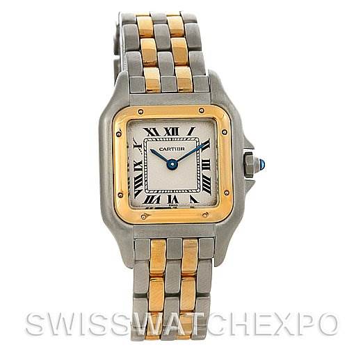 The image shows a Cartier Panthere W25029B6 Women
s Stainless Steel Silver Dial W25029B6 Women
s Stainless Steel Silver Dial watch from the front, displaying its two-tone metal bracelet and square face with Roman numeral markers.