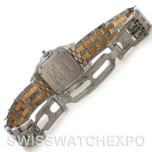 The image shows the back of the case, crown with blue cabochon, and part of the bracelet of a Panthere model watch by Cartier.