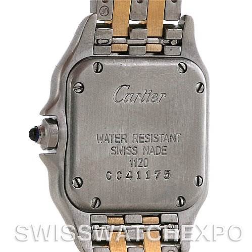 This image shows the back case and part of the bracelet of a Cartier Panthere W25029B6 Women
s Stainless Steel Silver Dial W25029B6 Women
s Stainless Steel Silver Dial watch.