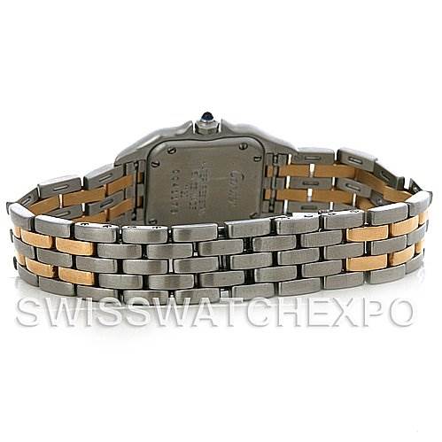 This image shows the back view of a Cartier Panthère model watch, focusing on the two-tone metal bracelet and the case back.