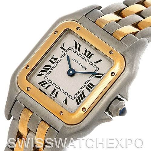 This image shows a close-up of the Cartier Panthere W25029B6 Women
s Stainless Steel Silver Dial W25029B6 Women
s Stainless Steel Silver Dial model watch, highlighting the face, bezel, crown, and part of the bracelet.