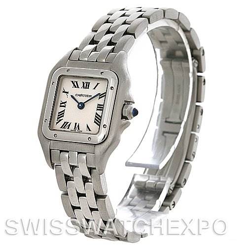 The image shows a Cartier Panthere W25033P5 Women
s Stainless Steel Silver Dial W25033P5 Women
s Stainless Steel Silver Dial watch from an angled front and side view, highlighting the dial and bracelet.