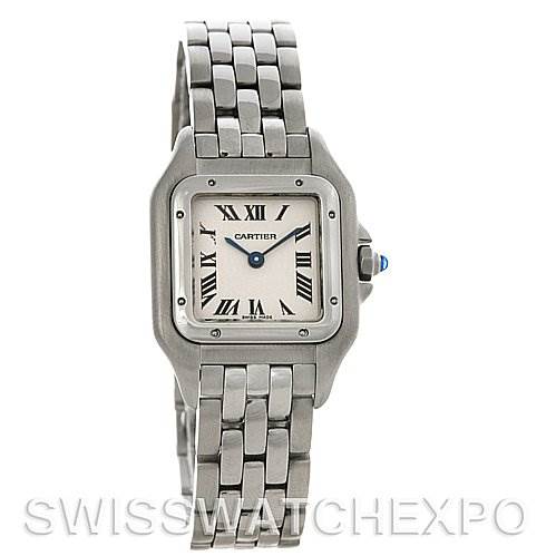 The image shows a front view of a Cartier Panthere W25033P5 Women
s Stainless Steel Silver Dial W25033P5 Women
s Stainless Steel Silver Dial watch, highlighting its square face, roman numeral dial, and stainless steel bracelet.