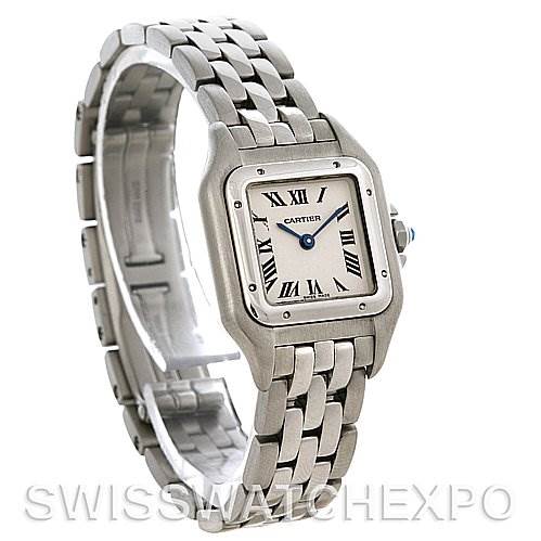 The image shows a Cartier Panthere W25033P5 Women
s Stainless Steel Silver Dial W25033P5 Women
s Stainless Steel Silver Dial watch at a three-quarter angle displaying its face, bezel, and bracelet.