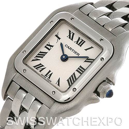 The image shows a close-up of the Cartier Panthere W25033P5 Women
s Stainless Steel Silver Dial W25033P5 Women
s Stainless Steel Silver Dial watch, highlighting its face, crown, and part of the bracelet.