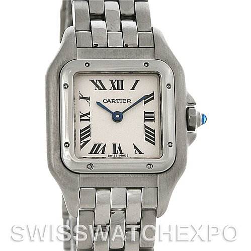 This image shows a close-up front view of the Cartier Panthere W25033P5 Women
s Stainless Steel Silver Dial W25033P5 Women
s Stainless Steel Silver Dial model watch, highlighting the face, bezel, and part of the metal bracelet.