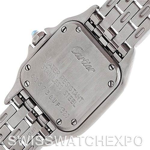 This is the back view of a Cartier Panthere W25033P5 Women
s Stainless Steel Silver Dial W25033P5 Women
s Stainless Steel Silver Dial watch, displaying the case back and part of the metal bracelet.