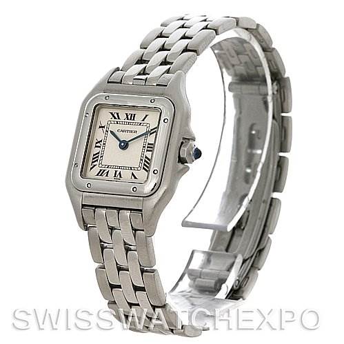 The image shows a Cartier Panthere W25033P5 Women
s Stainless Steel Silver Dial W25033P5 Women
s Stainless Steel Silver Dial watch at a three-quarter angle, highlighting the face, bezel, crown, and part of the bracelet.