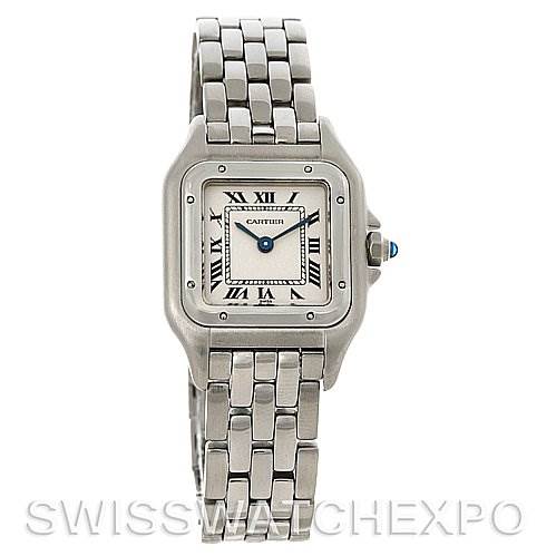 This image shows a front view of the Cartier Panthere W25033P5 Women
s Stainless Steel Silver Dial W25033P5 Women
s Stainless Steel Silver Dial watch, displaying its square face, Roman numerals, and linked bracelet.