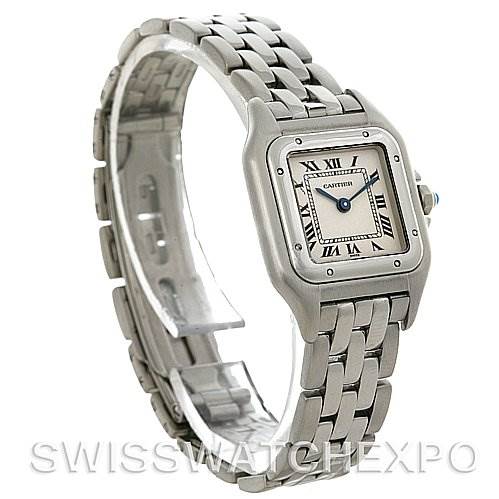 This image shows a side angle of a Cartier Panthere W25033P5 Women
s Stainless Steel Silver Dial W25033P5 Women
s Stainless Steel Silver Dial watch, highlighting its face, bracelet, and crown.