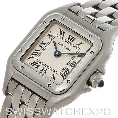 This image shows a close-up angle of a Cartier Panthère watch, highlighting the face, bezel, and part of the bracelet.