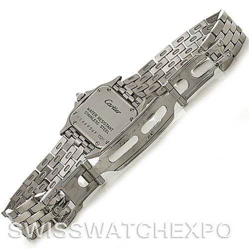 This image features the backside and clasp of a Cartier Panthere W25033P5 Women
s Stainless Steel Silver Dial W25033P5 Women
s Stainless Steel Silver Dial watch, displaying its stainless steel links and markings.