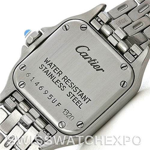 The image shows the back case and part of the bracelet of the Cartier Panthere W25033P5 Women
s Stainless Steel Silver Dial W25033P5 Women
s Stainless Steel Silver Dial model watch, highlighting its water resistance and material details.