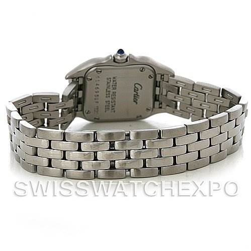 The image shows the back of a Panthère de Cartier watch, focusing on the stainless steel bracelet and case back.