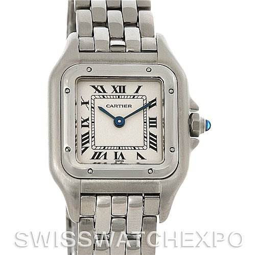 This image shows a front view of a Cartier Panthere W25033P5 Women
s Stainless Steel Silver Dial W25033P5 Women
s Stainless Steel Silver Dial watch, displaying its square face, Roman numerals, and metal bracelet.