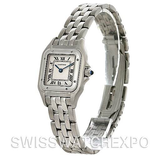 This image shows the front and side profile of the Cartier Panthere W25033P5 Women
s Stainless Steel Silver Dial W25033P5 Women
s Stainless Steel Silver Dial watch, including the face, bezel, bracelet, and clasp.