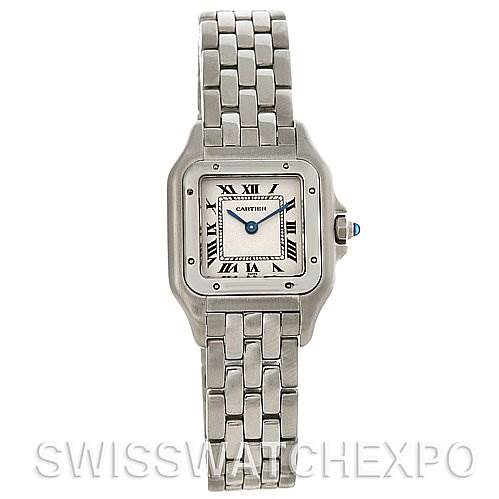 This image shows a Cartier Panthere W25033P5 Women
s Stainless Steel Silver Dial W25033P5 Women
s Stainless Steel Silver Dial watch from a front-facing angle, displaying the face, bezel, and bracelet.