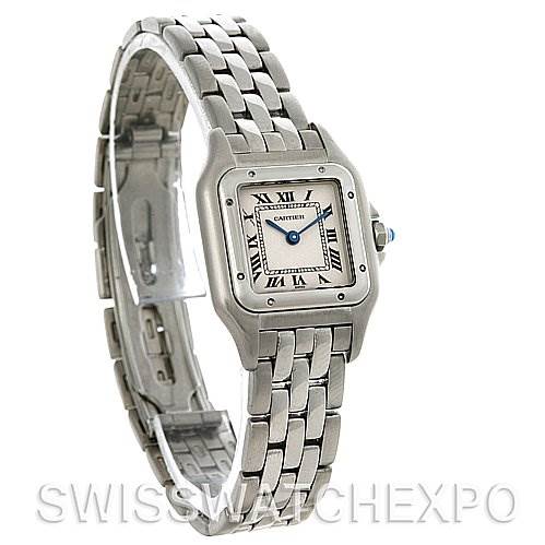 This image shows a 3/4 angled view of the Cartier Panthere W25033P5 Women
s Stainless Steel Silver Dial W25033P5 Women
s Stainless Steel Silver Dial watch, featuring its bracelet, case, bezel, crown, and dial.