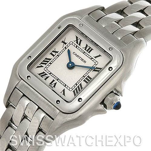 This image shows a top view of the face and partial bracelet of a Cartier Panthere W25033P5 Women
s Stainless Steel Silver Dial W25033P5 Women
s Stainless Steel Silver Dial watch.