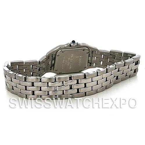 The image shows the back view of the Cartier Panthere W25033P5 Women
s Stainless Steel Silver Dial W25033P5 Women
s Stainless Steel Silver Dial watch, highlighting the case back and stainless steel bracelet.