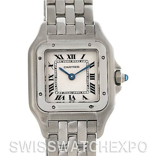 This image shows a front view of the Cartier Panthere W25033P5 Women
s Stainless Steel Silver Dial W25033P5 Women
s Stainless Steel Silver Dial watch, including its square face, bracelet, and crown with a blue gemstone.