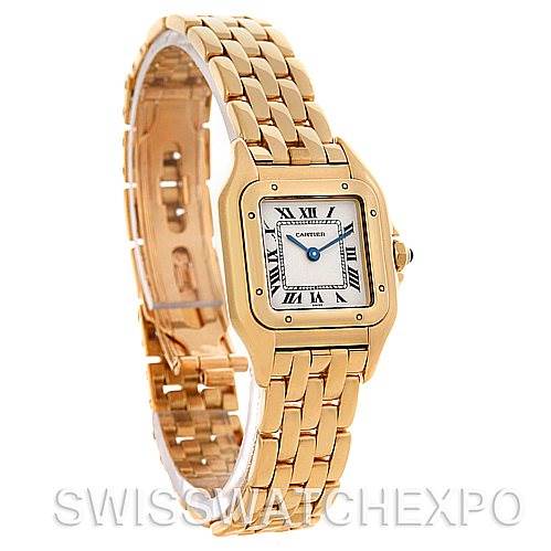 The image shows a Cartier Panthere W25022B9 Women's Yellow Gold Silver Dial W25022B9 Women's Yellow Gold Silver Dial watch at a slight angle, highlighting its gold bracelet, square dial with Roman numerals, and blue hands.